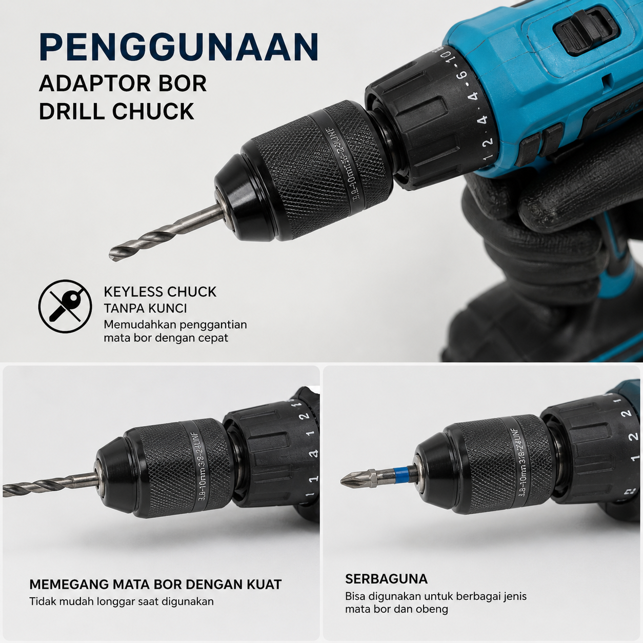SAN OU Adaptor Bor Drill Chuck Keyless Chuck 0.8-10mm 3/8-24 UNF - XZ-10 Gambar produk SAN OU Adaptor Bor Drill Chuck Keyless Chuck 0.8-10mm 3/8-24 UNF - XZ-10 - 2