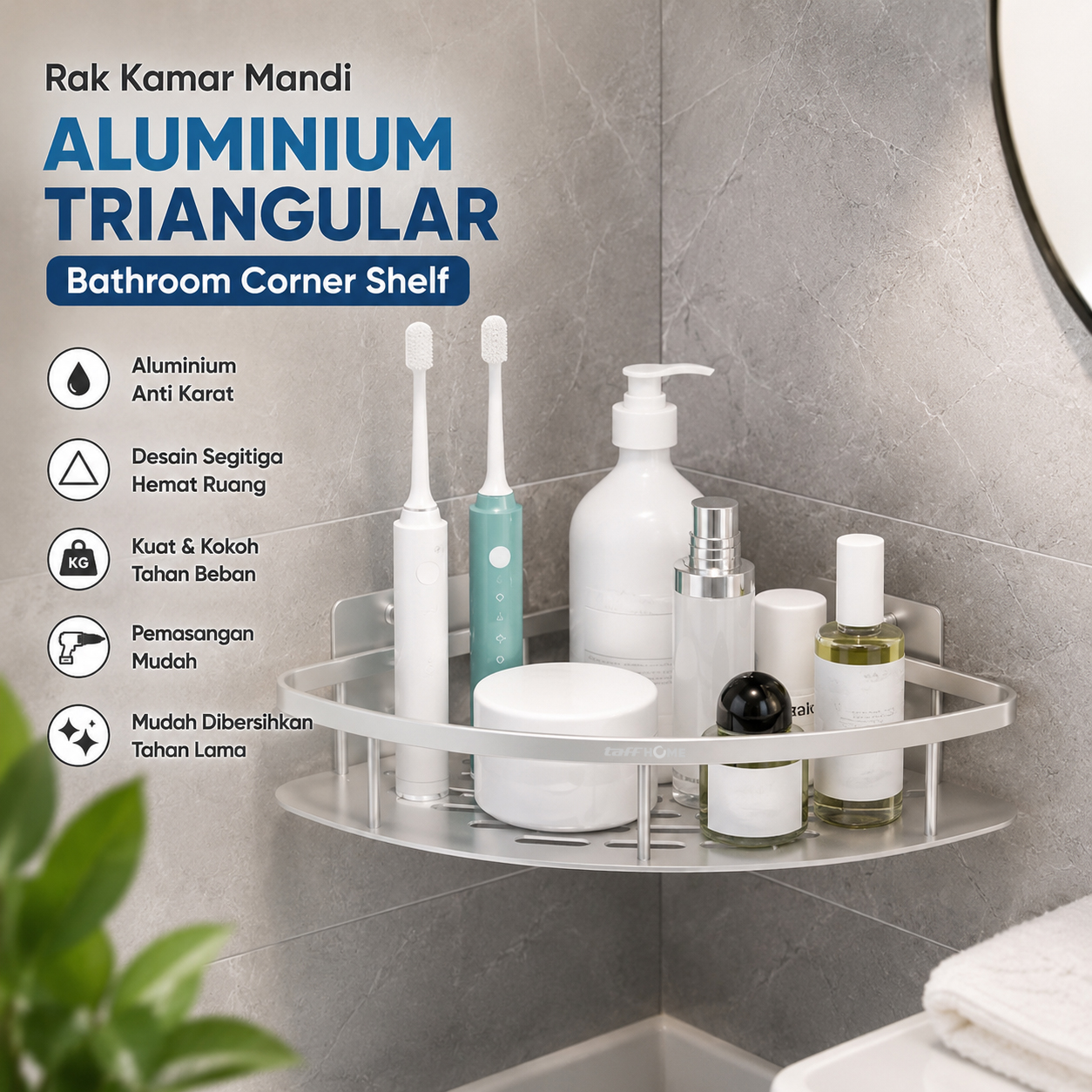 TaffHOME Rak Kamar Mandi Aluminium Triangular Bathroom Corner Shelf - RG2A Gambar produk TaffHOME Rak Kamar Mandi Aluminium Triangular Bathroom Corner Shelf - RG2A - Utama
