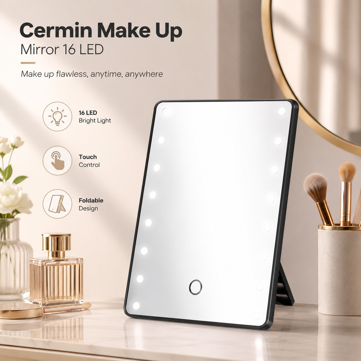 Home Solutions Cermin Make Up Mirror 16 LED Light - HS-2635 Gambar produk Home Solutions Cermin Make Up Mirror 16 LED Light - HS-2635 - Utama