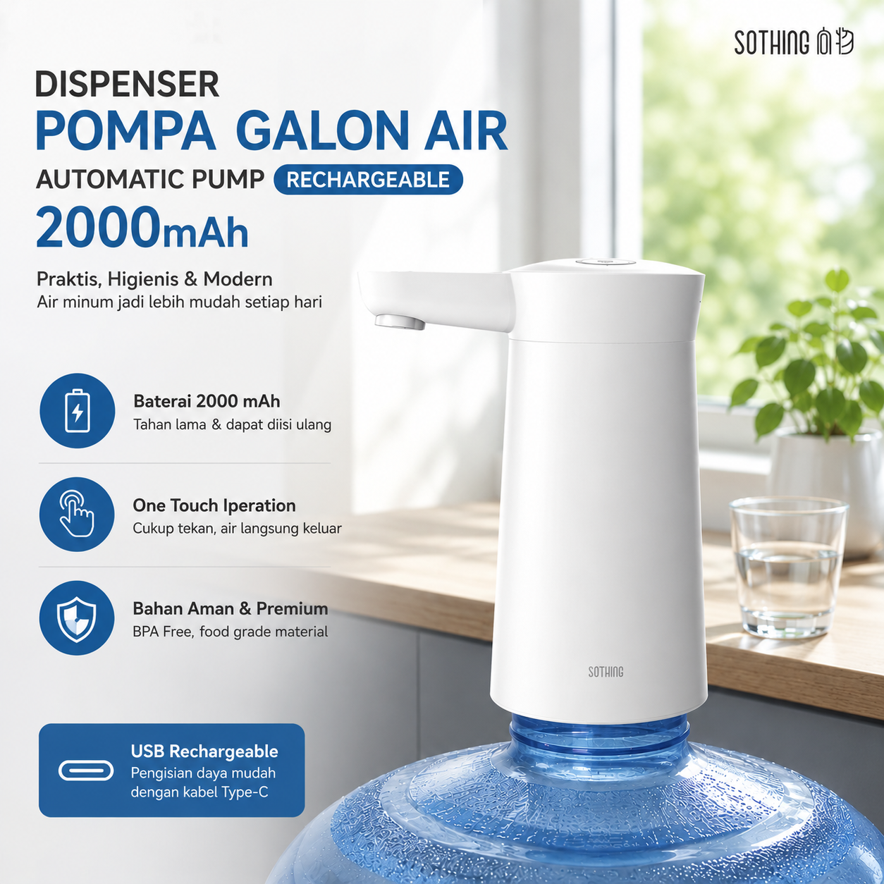 Sothing Dispenser Pompa Galon Air Automatic Pump Rechargeable 2000mAh - DSHJ-S-2004 Gambar produk Sothing Dispenser Pompa Galon Air Automatic Pump Rechargeable 2000mAh - DSHJ-S-2004 - Utama