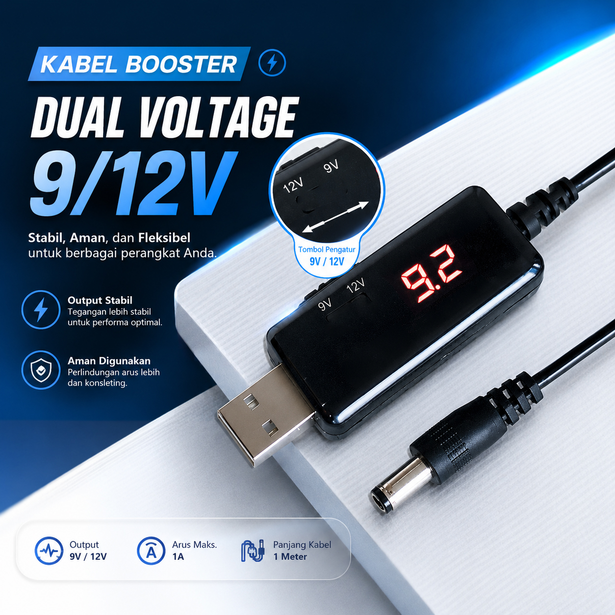 Gambar produk ALYA Kabel Booster Converter Powerbank to USB Dual Voltage 9/12 V 1M - A-9-12 - Utama