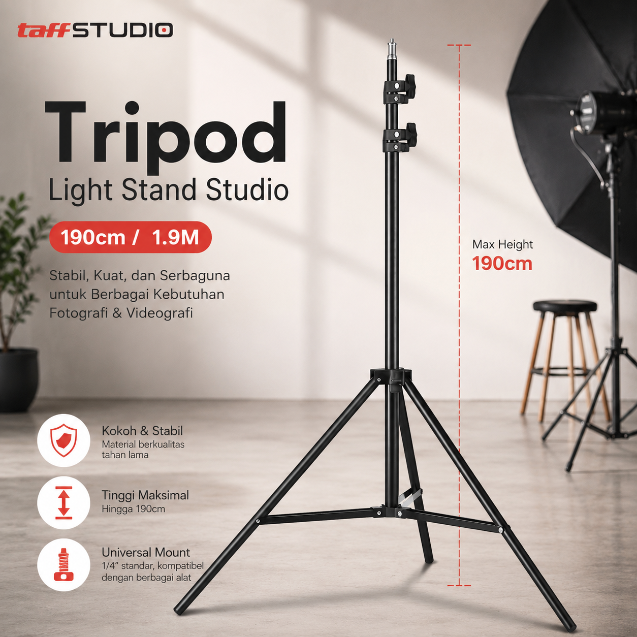 Gambar produk TaffSTUDIO Tripod Light Stand Studio Portable Kamera Smartphone 190cm 1.9M - 190E - Utama