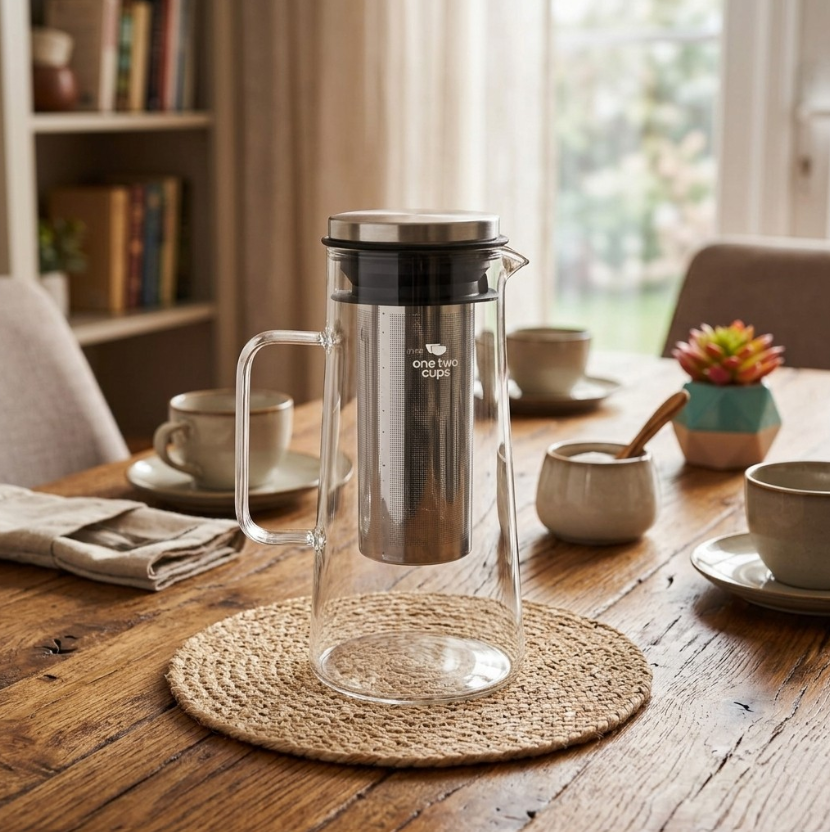 One Two Cups Teko Kaca Kopi Teh Water Pitcher Stainless Steel Filter 1000ml - MD-10 Gambar produk One Two Cups Teko Kaca Kopi Teh Water Pitcher Stainless Steel Filter 1000ml - MD-10 - 1