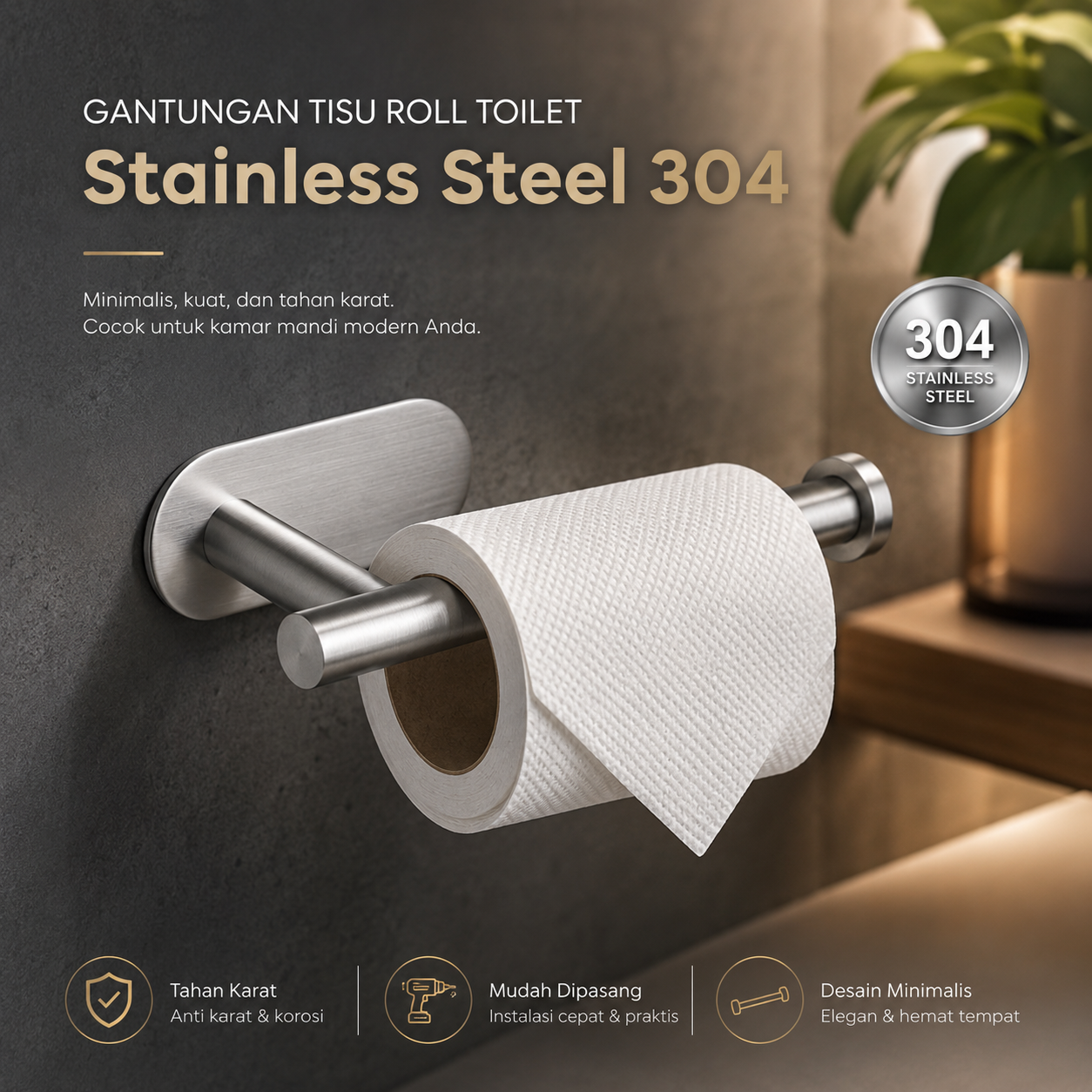 HOUSEEN Gantungan Tempat Tisu Roll Toilet Paper Tissue Stainless 304 - HJ30 Gambar produk HOUSEEN Gantungan Tempat Tisu Roll Toilet Paper Tissue Stainless 304 - HJ30 - Utama