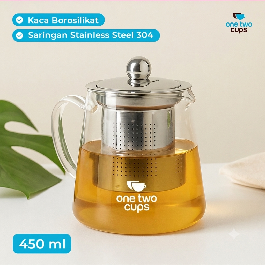 One Two Cups Teko Teh Kaca Borosilikat Saringan Tahan Panas Teapot 450ml - TP-760 Gambar produk One Two Cups Teko Teh Kaca Borosilikat Saringan Tahan Panas Teapot 450ml - TP-760 - Utama