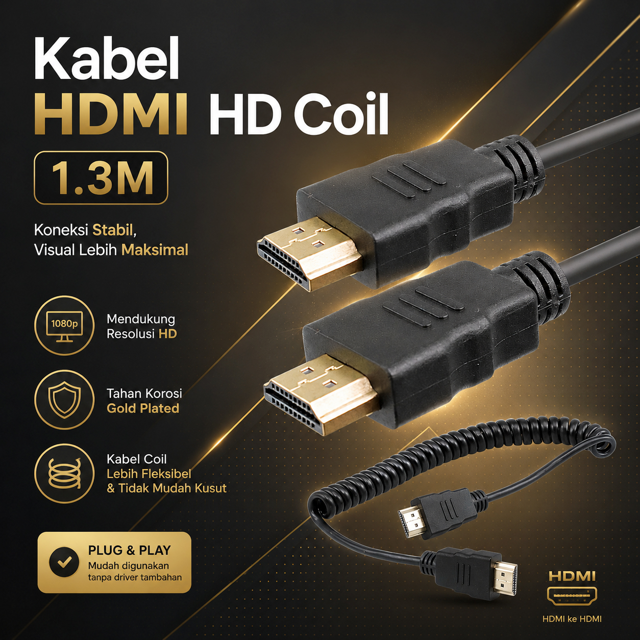 Kabel HDMI to HDMI Coil Cable High Speed Gold Plated Spiral 1.3M - SGS Gambar produk Kabel HDMI to HDMI Coil Cable High Speed Gold Plated Spiral 1.3M - SGS - Utama