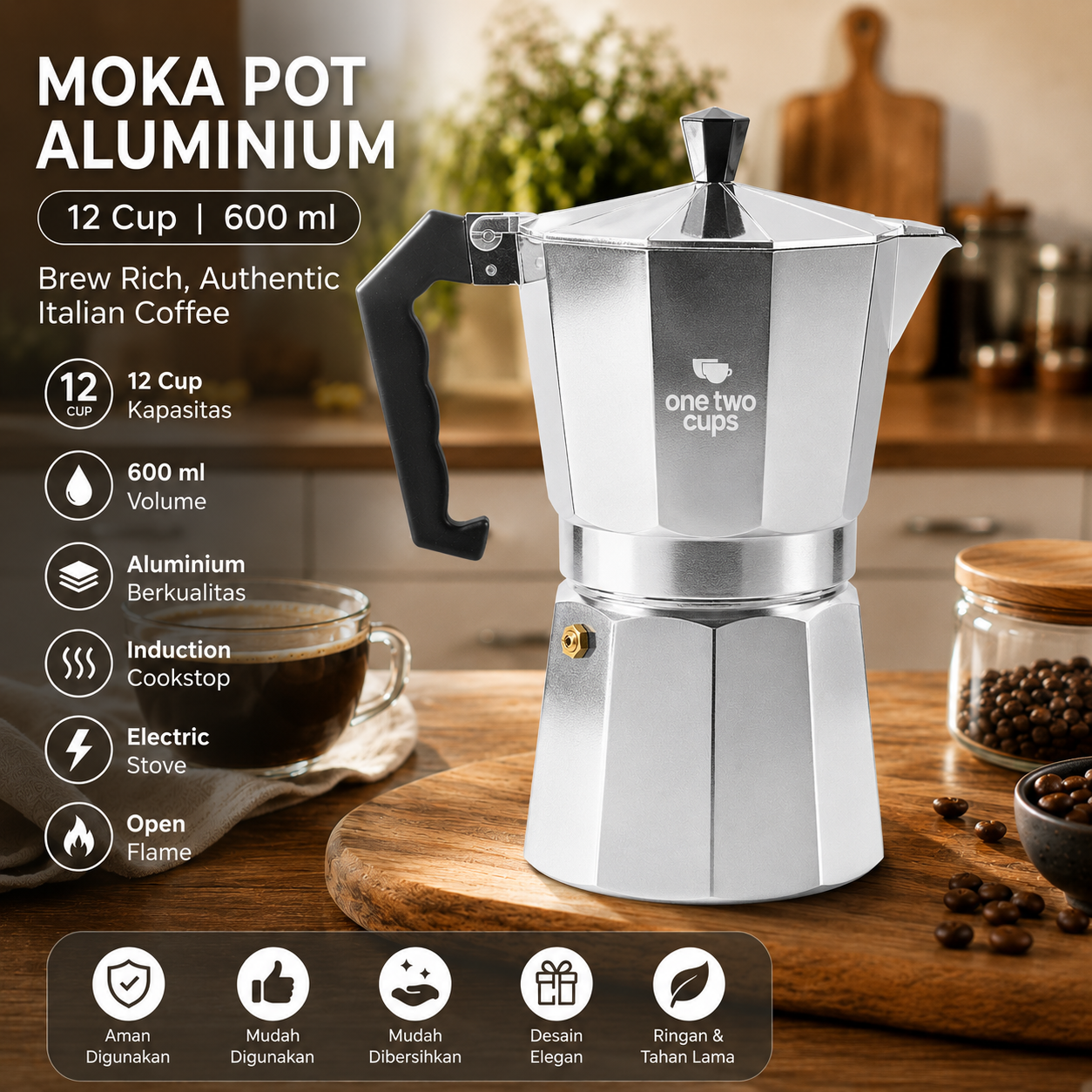 One Two Cups Moka Pot Teko Kopi Espresso Coffee Maker Stovetop 12 Cup 600ml - L25 Gambar produk One Two Cups Moka Pot Teko Kopi Espresso Coffee Maker Stovetop 12 Cup 600ml - L25 - Utama