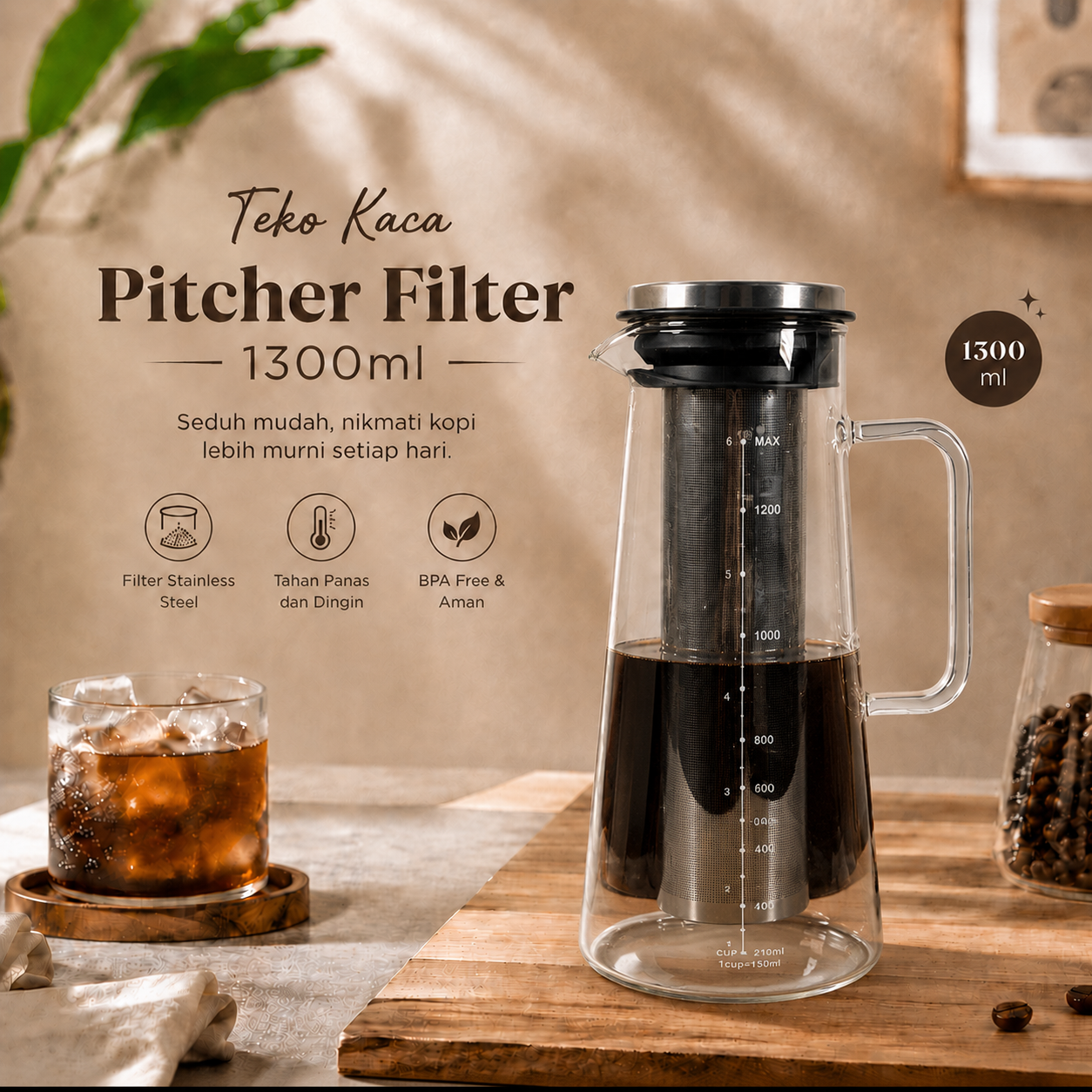 Gambar produk One Two Cups Teko Kaca Kopi Teh Water Pitcher Stainless Steel Filter 1300ml - MD-10 - Utama