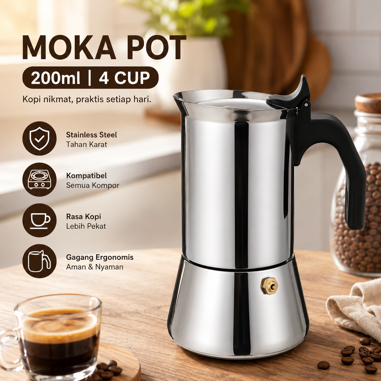 One Two Cups Moka Pot Teko Kopi Espresso Coffee Maker Stovetop 4 Cup 200ml - Z65 Gambar produk One Two Cups Moka Pot Teko Kopi Espresso Coffee Maker Stovetop 4 Cup 200ml - Z65 - Utama