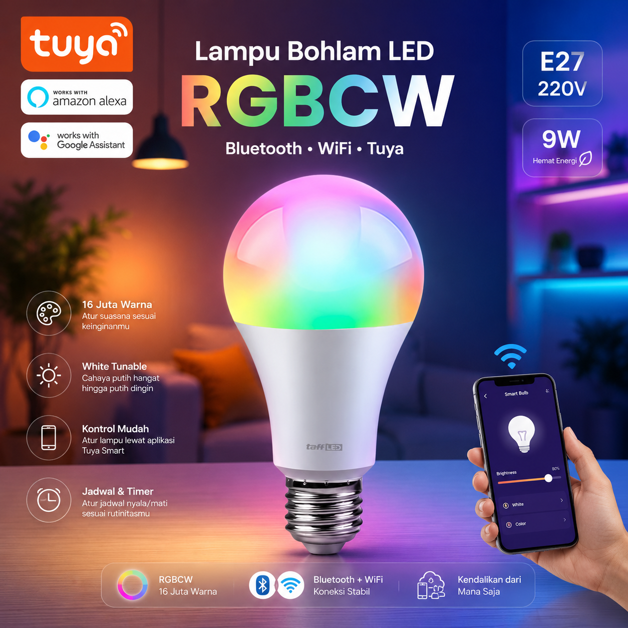 TaffLED Lampu Bohlam LED Smart Bulb Bluetooth WiFi RGBCW E27 220V 9W - A60 Gambar produk TaffLED Lampu Bohlam LED Smart Bulb Bluetooth WiFi RGBCW E27 220V 9W - A60 - Utama