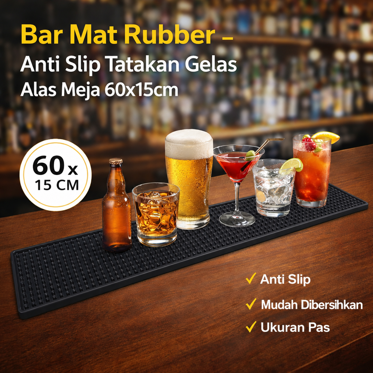 One Two Cups Bar Mat Rubber Anti Slip Tatakan Gelas Alas Meja 60x15cm - TY3 Gambar produk One Two Cups Bar Mat Rubber Anti Slip Tatakan Gelas Alas Meja 60x15cm - TY3 - Utama