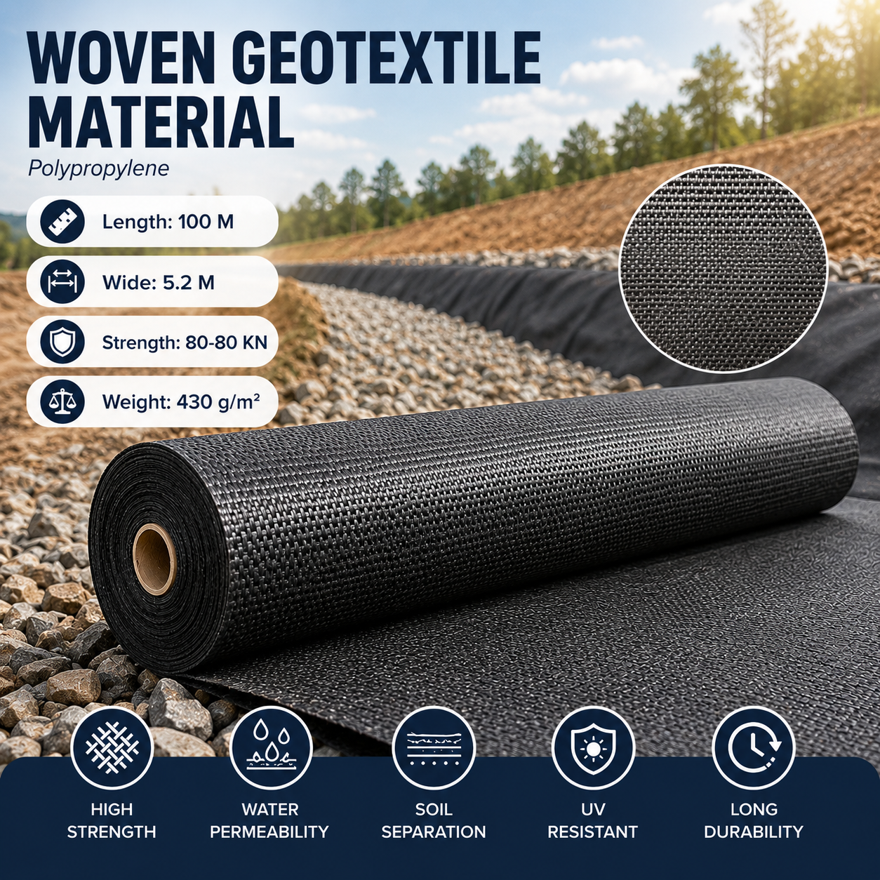 Hanovo Geotextile Woven Polypropylene PP 80/80kN 430gsm Roll 100x5.2M - GW-100 Gambar produk Hanovo Geotextile Woven Polypropylene PP 80/80kN 430gsm Roll 100x5.2M - GW-100 - Utama