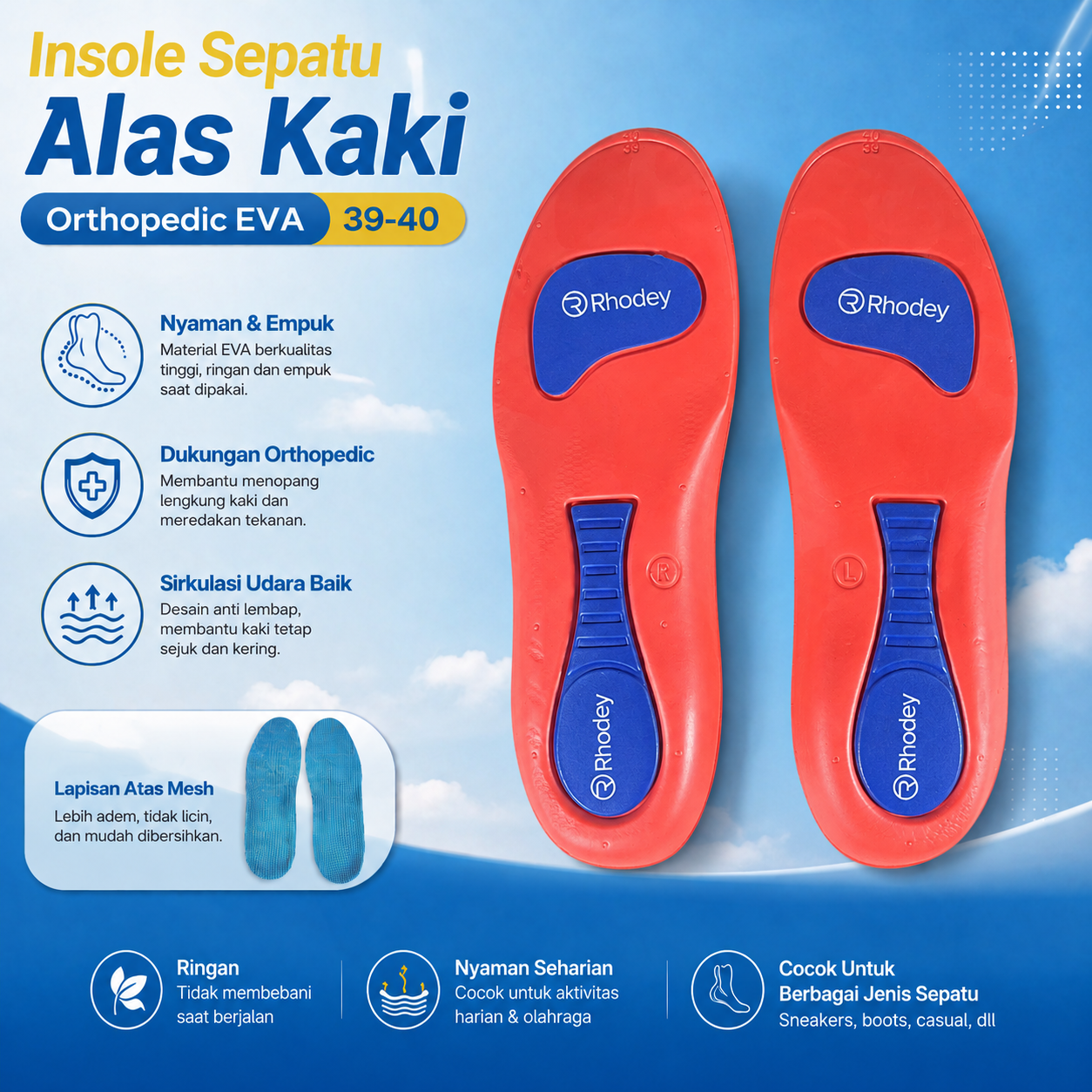 Rhodey Insole Sepatu Alas Kaki Orthopedic Sole Shock Absorption EVA 39-40 - EL05 Gambar produk Rhodey Insole Sepatu Alas Kaki Orthopedic Sole Shock Absorption EVA 39-40 - EL05 - Utama