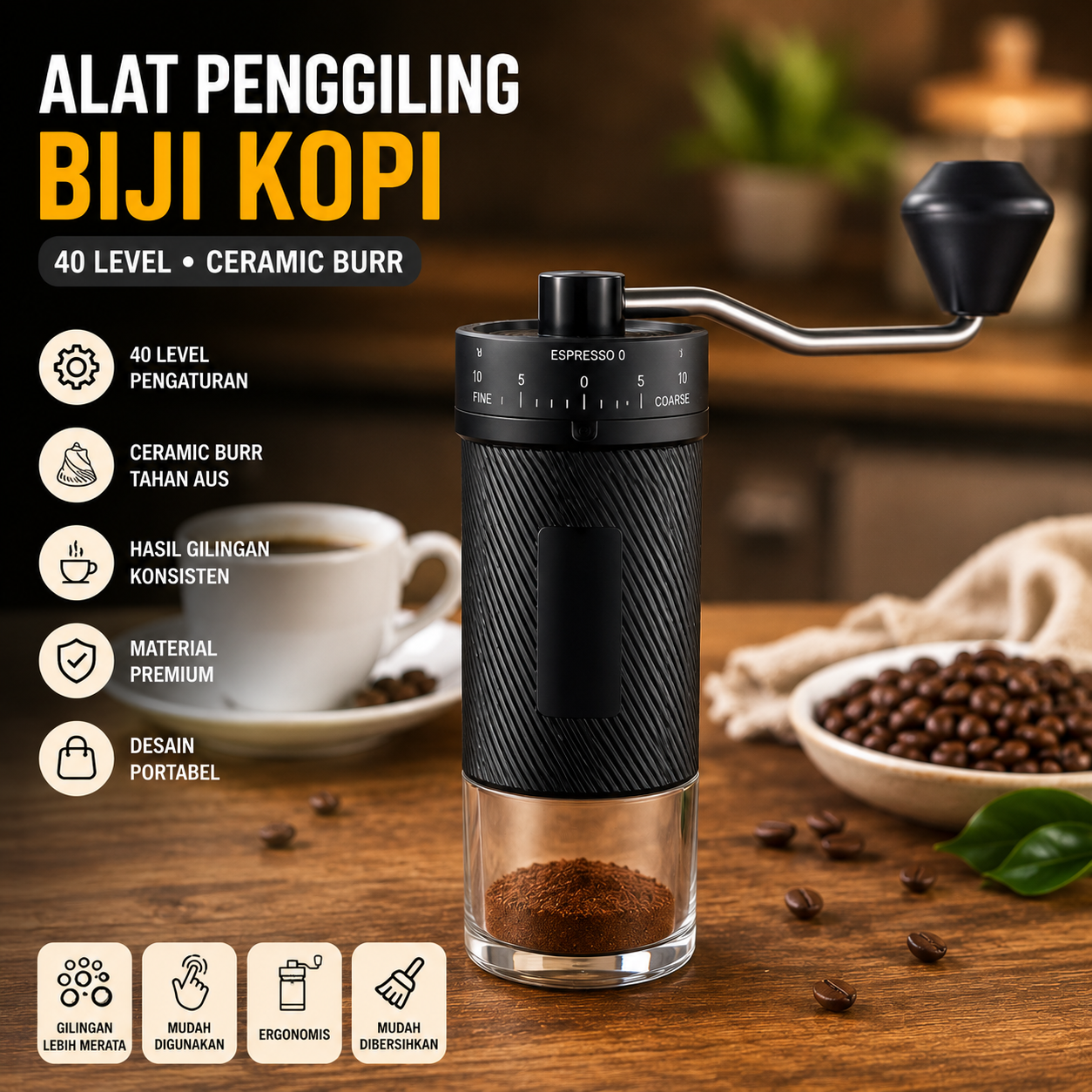 Gingira Alat Penggiling Kopi Manual Coffee Grinder Portable 40 Level - RH-210 Gambar produk Gingira Alat Penggiling Kopi Manual Coffee Grinder Portable 40 Level - RH-210 - Utama