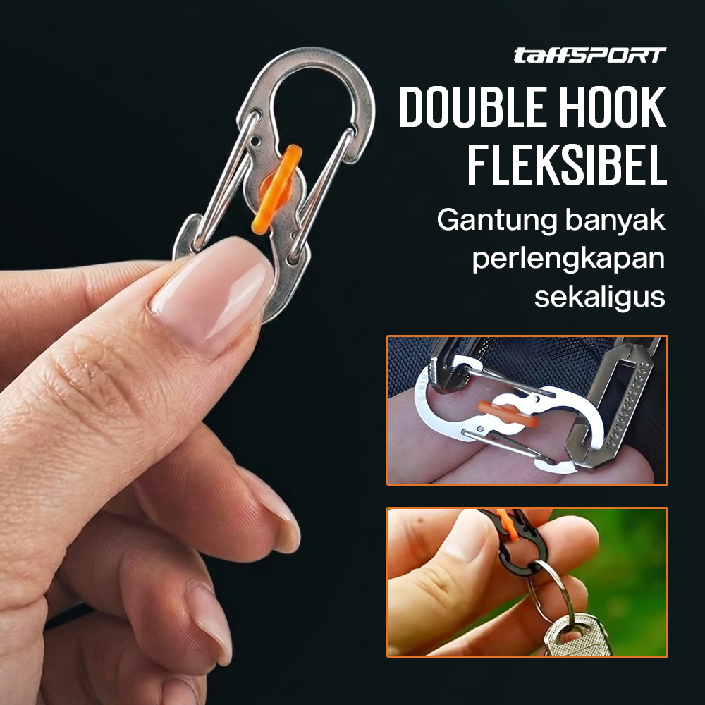 TaffSPORT Carabiner Metal Double Hook Spring Lock Gantungan Kunci 50kg - AT17 Gambar produk TaffSPORT Carabiner Metal Double Hook Spring Lock Gantungan Kunci 50kg - AT17 - 1