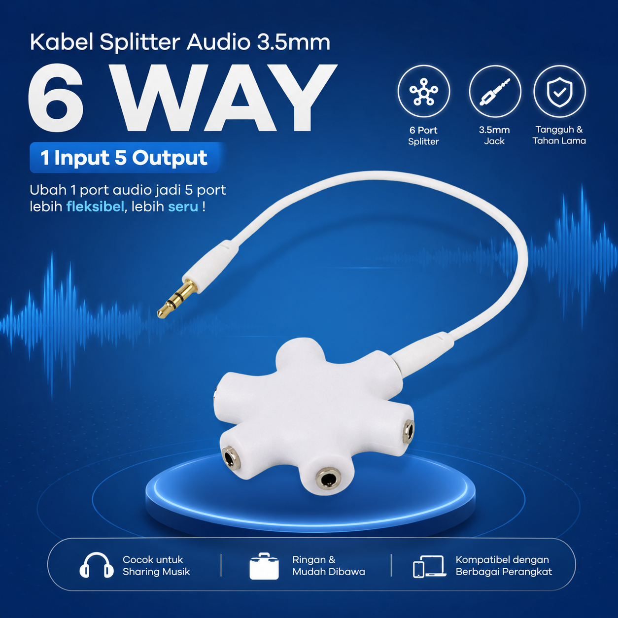 ALLOYSEED Splitter 6 Way Port Male to 5 Female Audio Earphone 3.5mm - JLT108 Gambar produk ALLOYSEED Splitter 6 Way Port Male to 5 Female Audio Earphone 3.5mm - JLT108 - Utama
