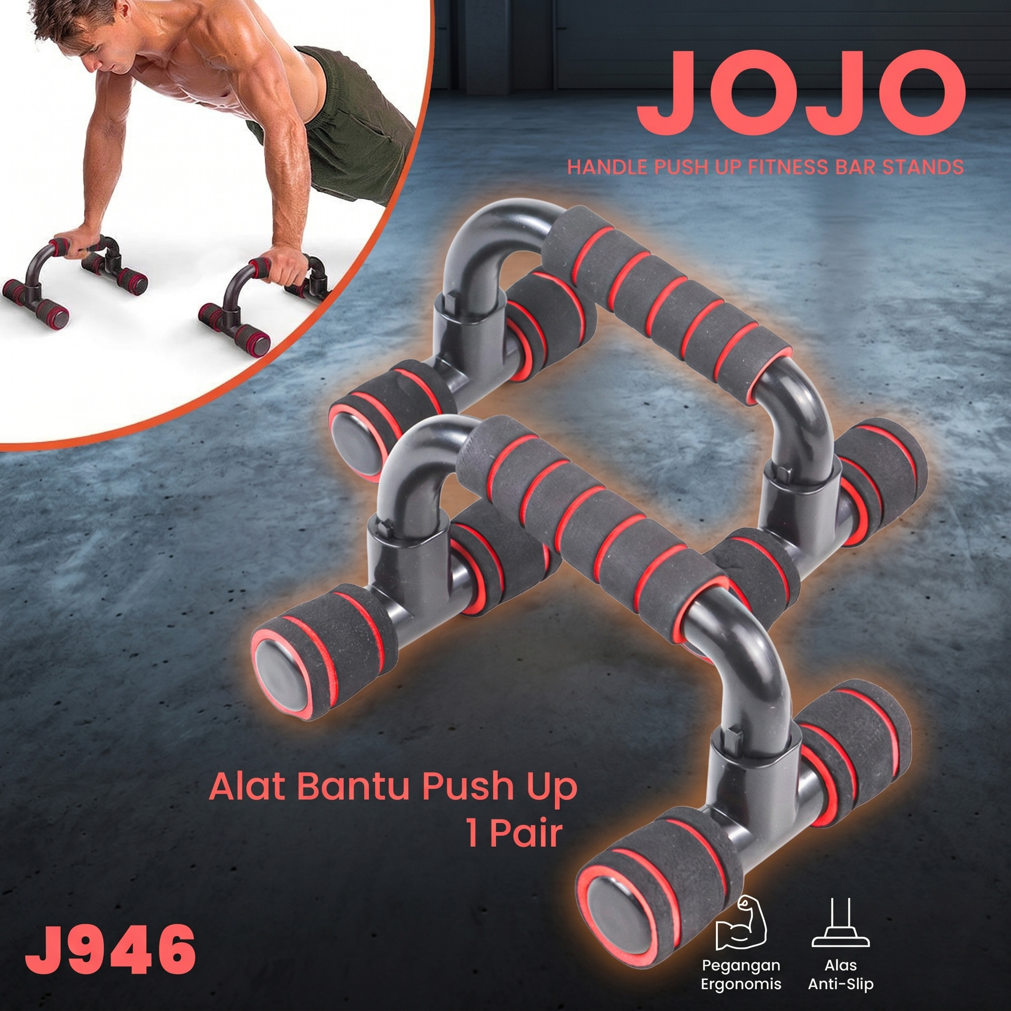 JOJO Alat Bantu Push Up Handle Fitness Bar Stands 1 Pair - J946 Gambar produk JOJO Alat Bantu Push Up Handle Fitness Bar Stands 1 Pair - J946 - Utama