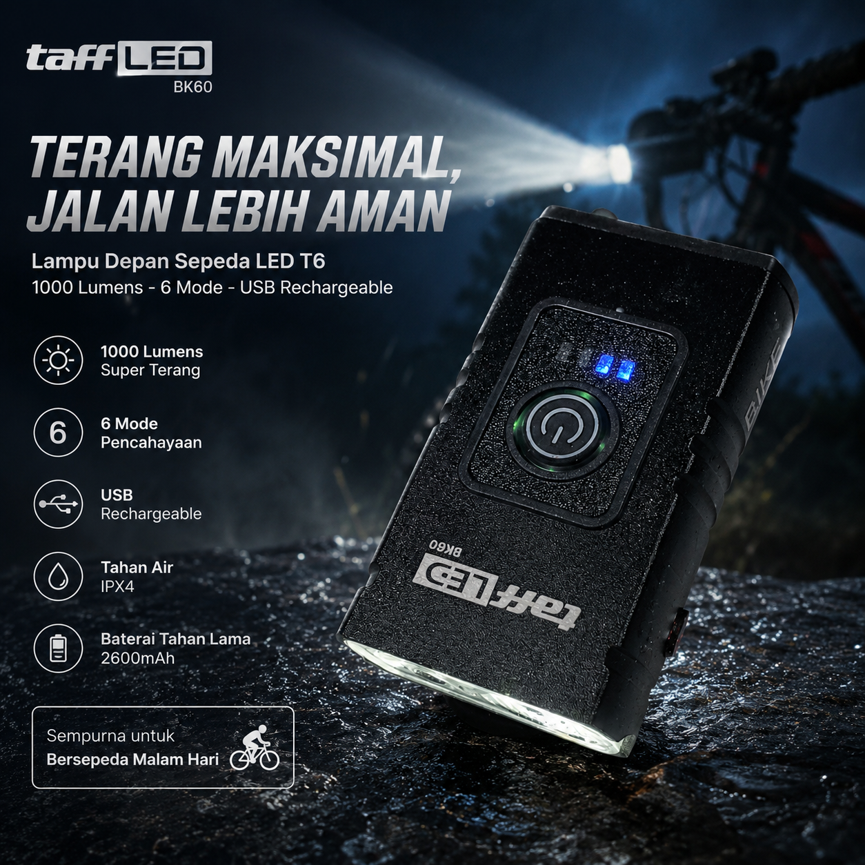 TaffLED Lampu Depan Sepeda LED Waterproof Rechargeable 1000 Lumens - BK60 Gambar produk TaffLED Lampu Depan Sepeda LED Waterproof Rechargeable 1000 Lumens - BK60 - 1