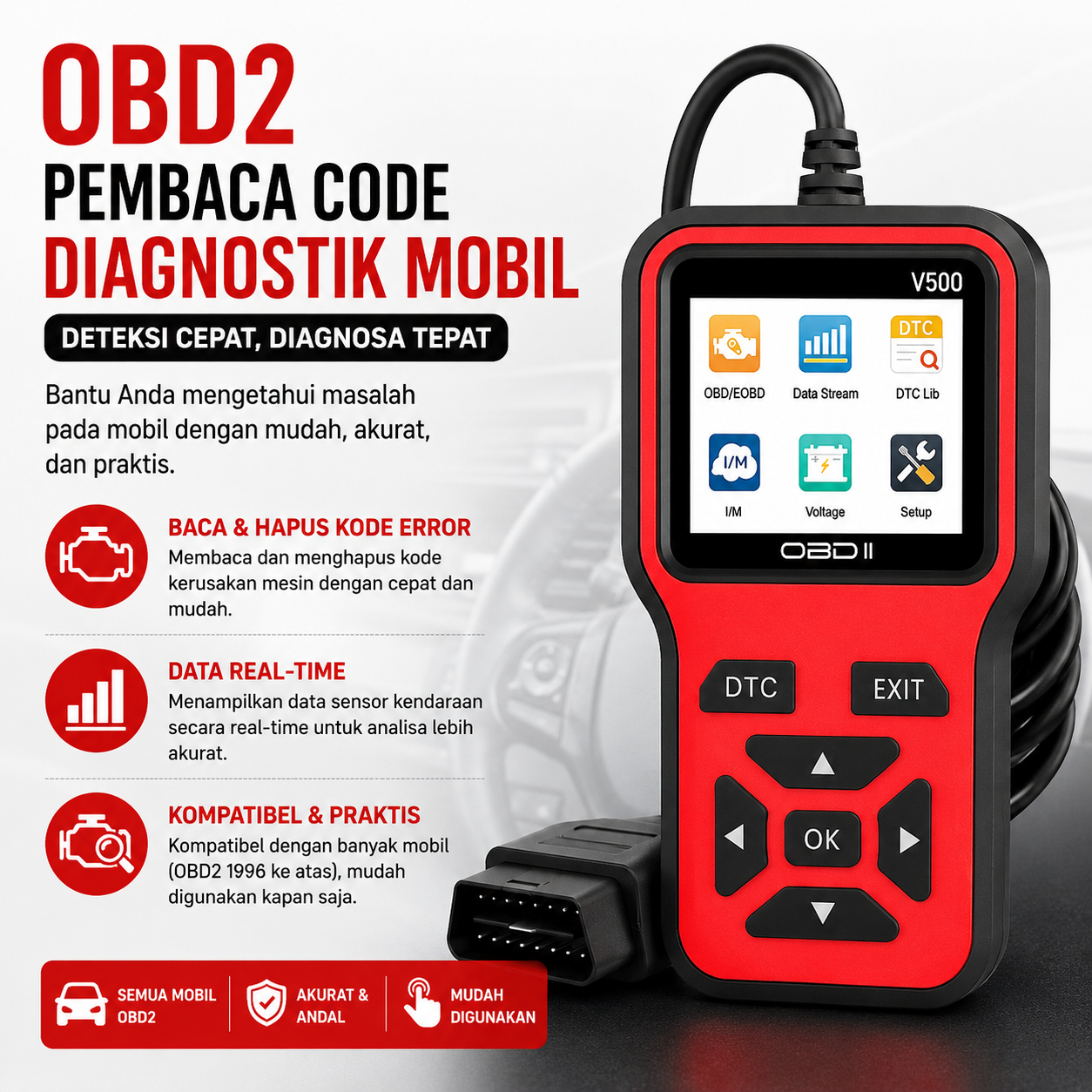 Everfun Alat OBD2 Pembaca Kode Diagnostik Mobil Otomotif Code Reader - V500 Gambar produk Everfun Alat OBD2 Pembaca Kode Diagnostik Mobil Otomotif Code Reader - V500 - Utama