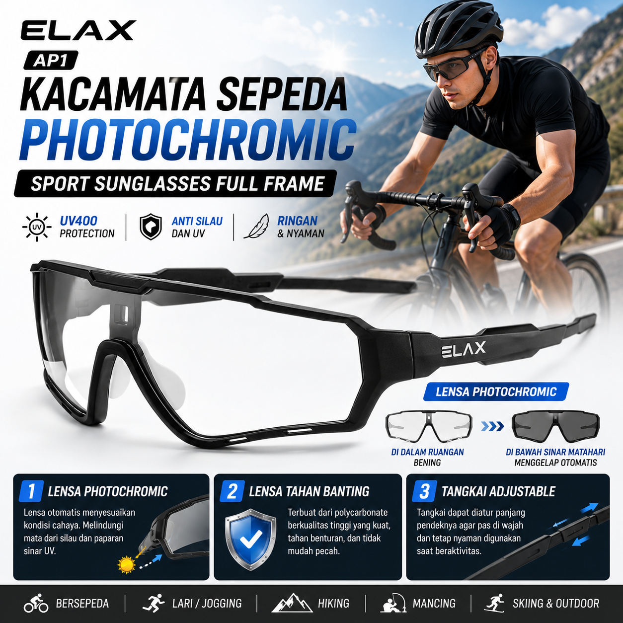 ELAX Kacamata Sepeda Lensa Photochromic Outdoor Cycling Sunglasses - AP1 Gambar produk ELAX Kacamata Sepeda Lensa Photochromic Outdoor Cycling Sunglasses - AP1 - Utama