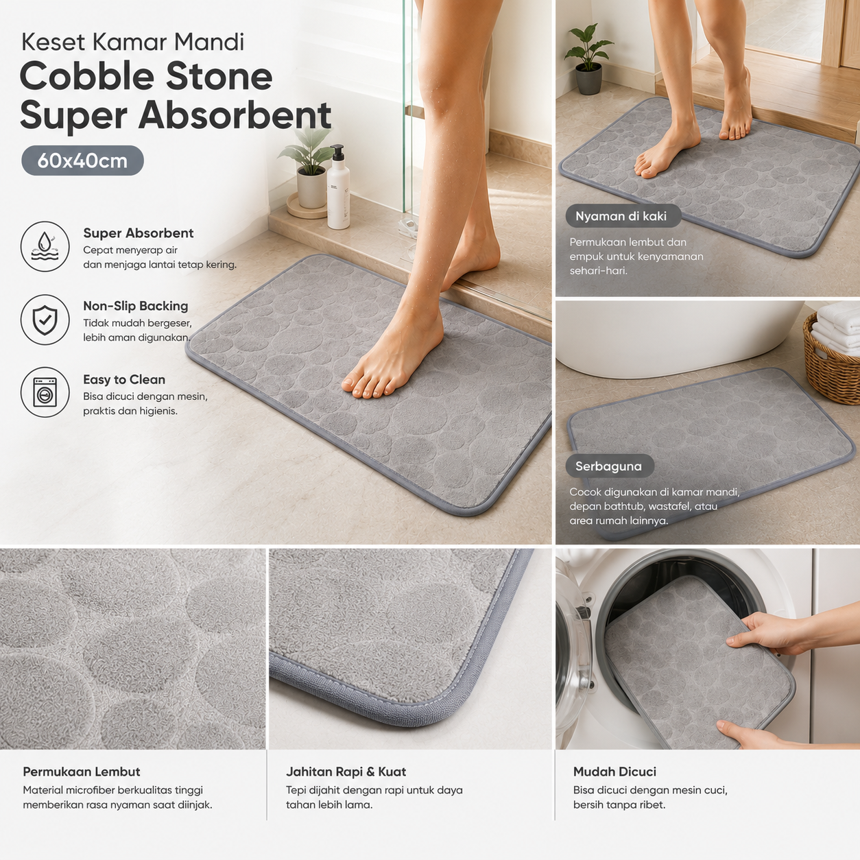 TaffHOME Keset Kamar Mandi Cobble Stone Super Absorbent 60x40cm - Jn39 Gambar produk TaffHOME Keset Kamar Mandi Cobble Stone Super Absorbent 60x40cm - Jn39 - 4