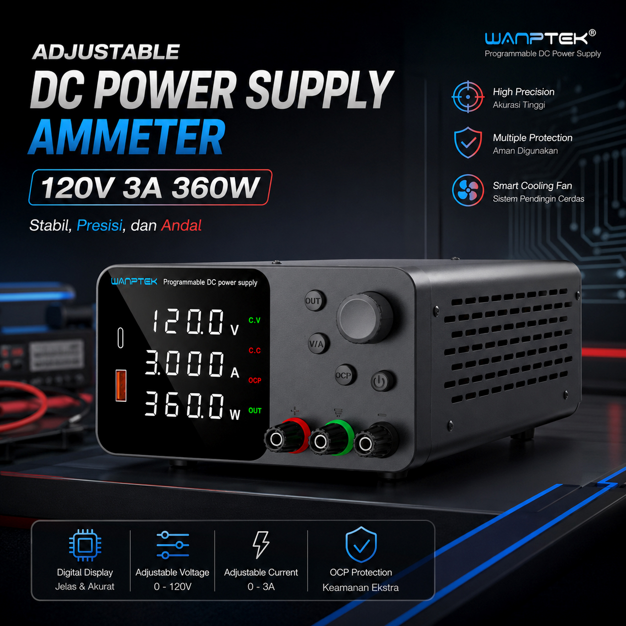 Gambar produk WANPTEK Adjustable Power Supply DC Ammeter Stabilized 120V 3A 360W - TPS1203 - Utama