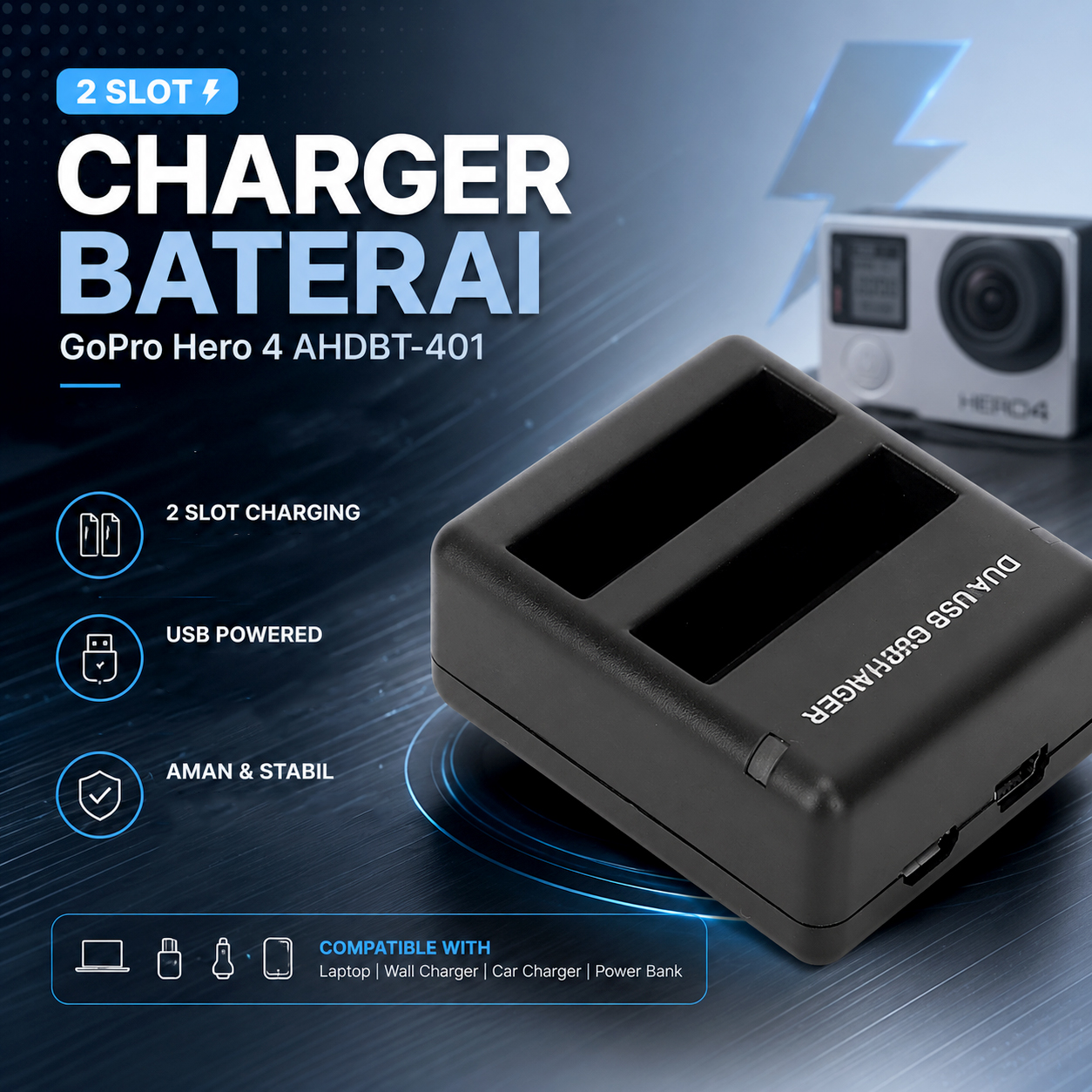SHOOT 2 Slot Travel Charger untuk Baterai GoPro Hero 4 - AHDBT-401 Gambar produk SHOOT 2 Slot Travel Charger untuk Baterai GoPro Hero 4 - AHDBT-401 - Utama