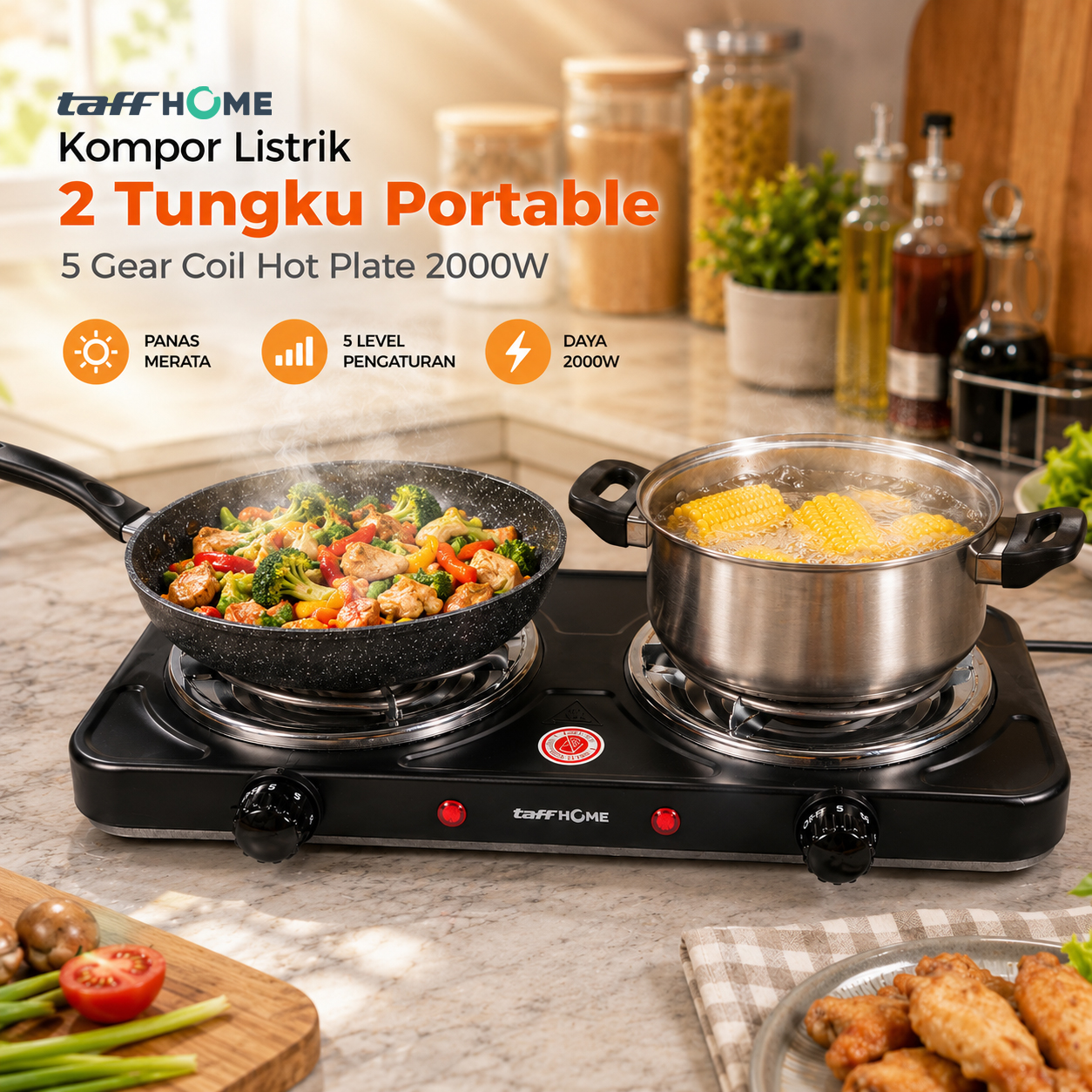 TaffHOME Kompor Listrik 2 Tungku Portable 5 Gear Coil Hot Plate 2000W - C2-2000-20 Gambar produk TaffHOME Kompor Listrik 2 Tungku Portable 5 Gear Coil Hot Plate 2000W - C2-2000-20 - Utama