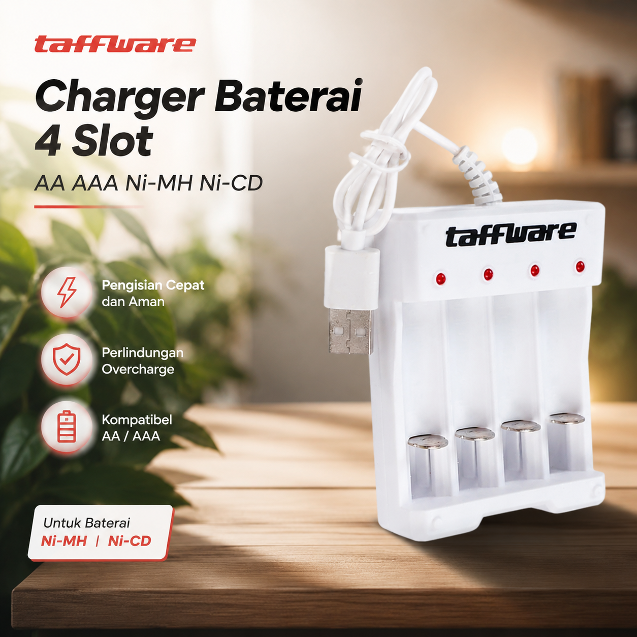 Gambar produk Taffware Charger Baterai 4 Slot AA AAA Ni-MH Ni-CD USB Plug - B-04 - Utama