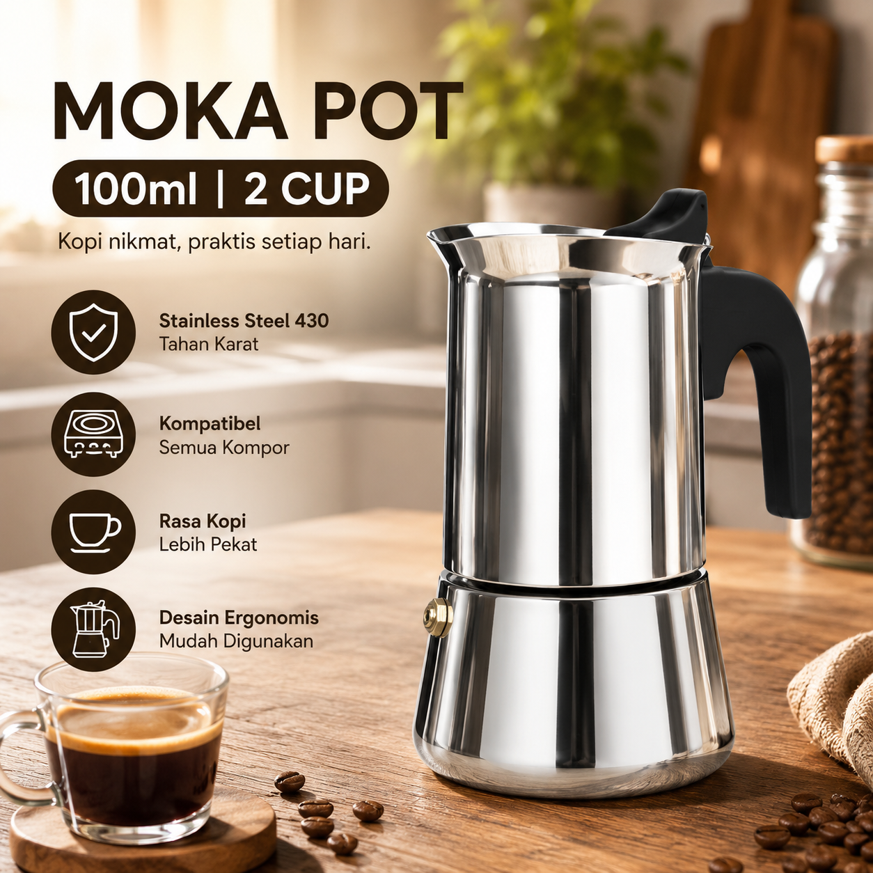One Two Cups Moka Pot Teko Kopi Espresso Coffee Maker Stovetop 2 Cup 100ml - Z70 Gambar produk One Two Cups Moka Pot Teko Kopi Espresso Coffee Maker Stovetop 2 Cup 100ml - Z70 - Utama