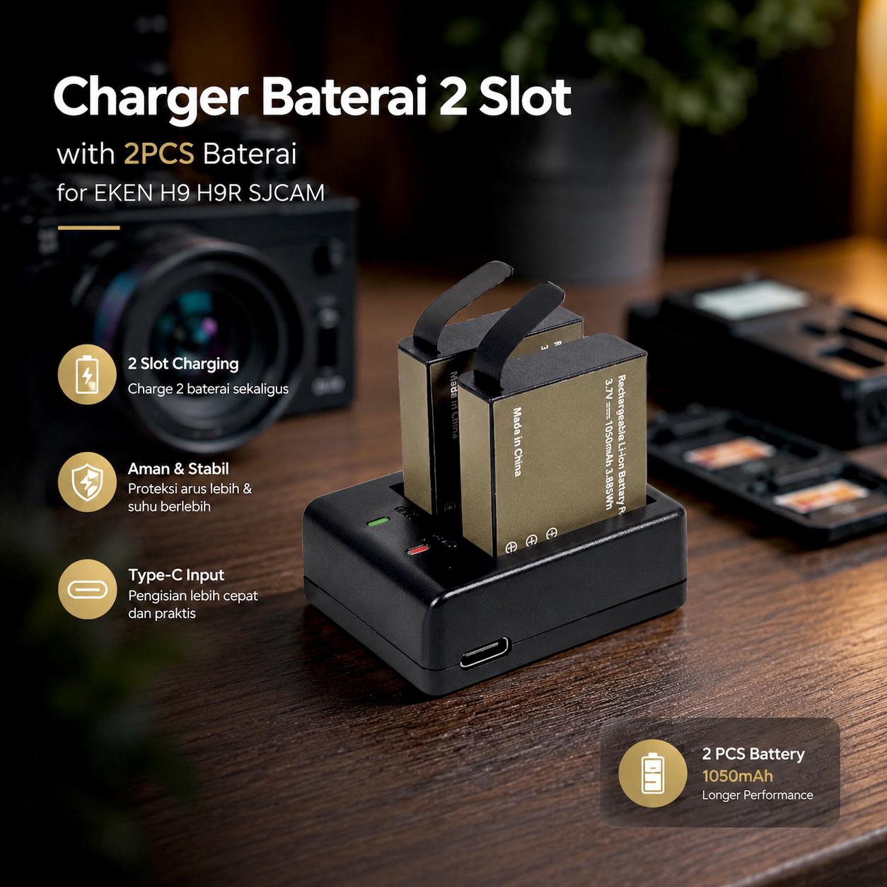 Charger Baterai 2 Slot with 2PCS Baterai for EKEN H9 H9R SJCAM - AX-SJ4000SC Gambar produk Charger Baterai 2 Slot with 2PCS Baterai for EKEN H9 H9R SJCAM - AX-SJ4000SC - Utama