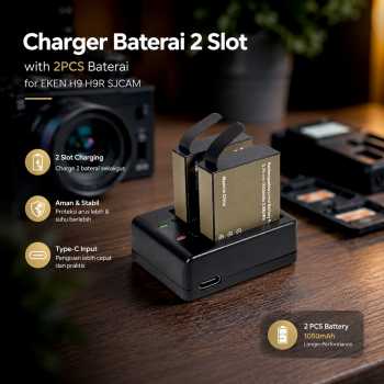 Charger Baterai 2 Slot with 2PCS Baterai for EKEN H9 H9R SJCAM - AX-SJ4000SC