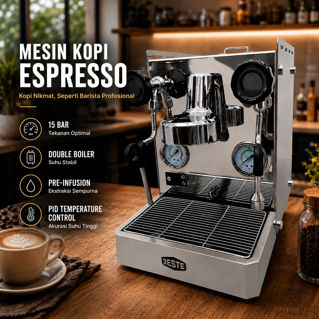 Trieste Mesin Kopi Espresso Coffee Maker Semi Automatic 15 Bar 1630W - M180 Gambar produk Trieste Mesin Kopi Espresso Coffee Maker Semi Automatic 15 Bar 1630W - M180 - Utama