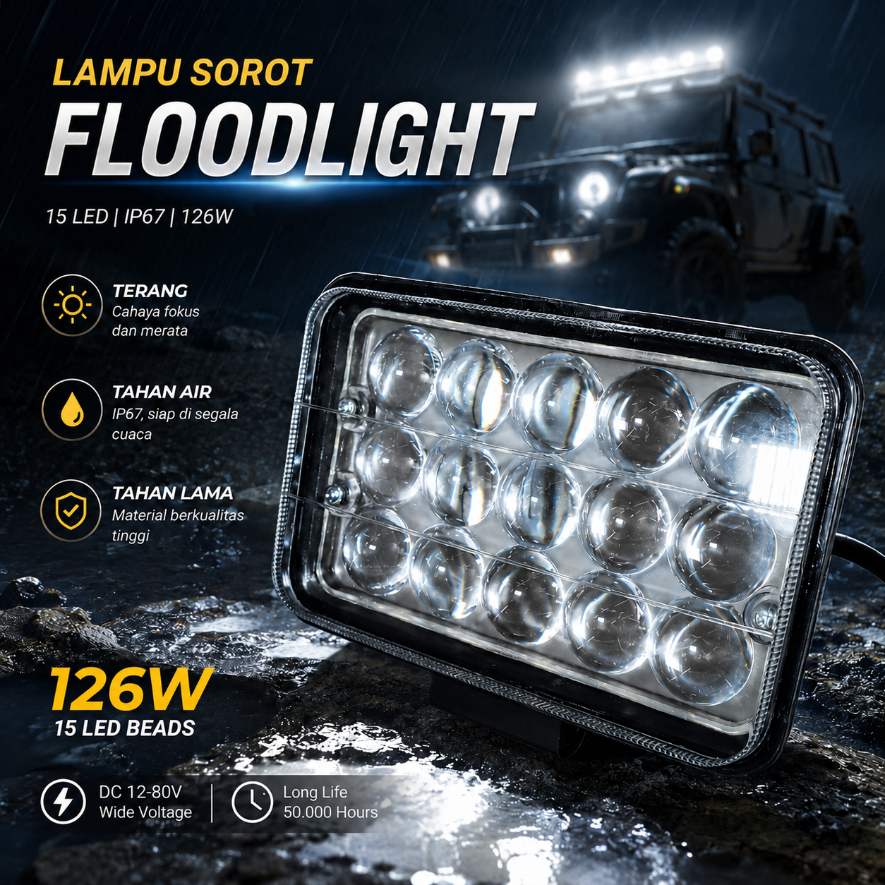 Xianyi Lampu Sorot Tembak Floodlight Cool White 15 LED IP67 126W - SDL1846 Gambar produk Xianyi Lampu Sorot Tembak Floodlight Cool White 15 LED IP67 126W - SDL1846 - Utama