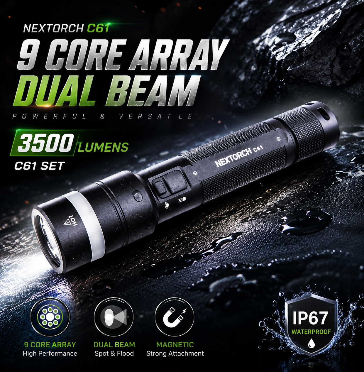 Gambar produk NEXTORCH Senter LED 9 Core Array Dual Beam Magnetic IP67 3500 Lumens - C61 SET - Utama