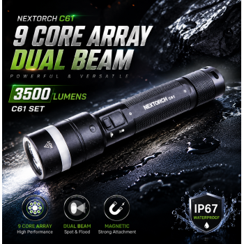NEXTORCH Senter LED 9 Core Array Dual Beam Magnetic IP67 3500 Lumens - C61 SET