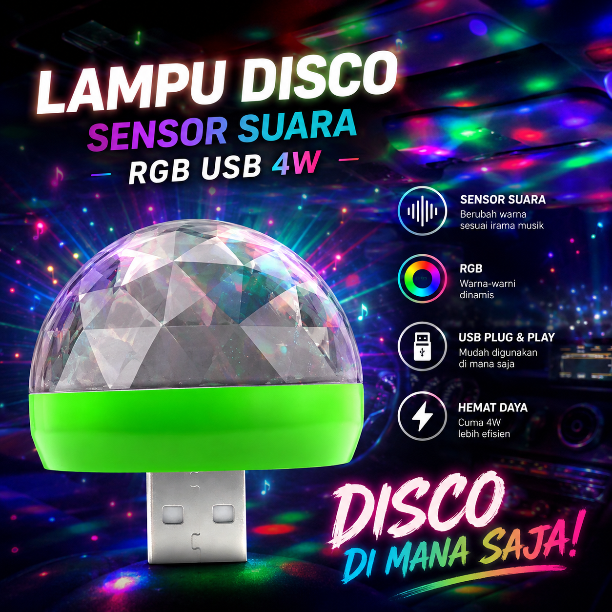 TaffLED Lampu Proyektor Disco Sensor Suara LED RGB USB 4W - HS-WT-006 Gambar produk TaffLED Lampu Proyektor Disco Sensor Suara LED RGB USB 4W - HS-WT-006 - Utama