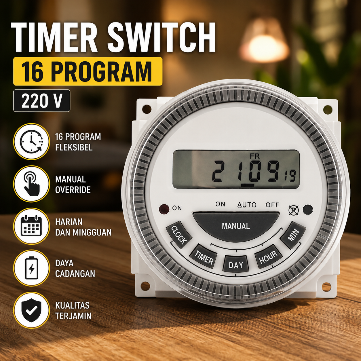 YKTech Programmable Digital Timer Switch Relay 16 Program 220V - TM619 Gambar produk YKTech Programmable Digital Timer Switch Relay 16 Program 220V - TM619 - Utama