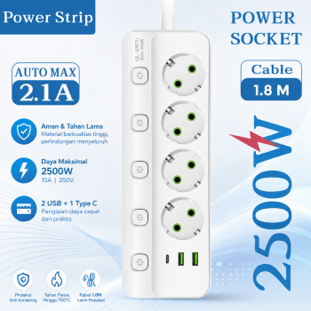 Taffware Stop Kontak Kabel USB Type C 10A 250V 2500W 1.8 M 4 Lubang - QL-1097U
