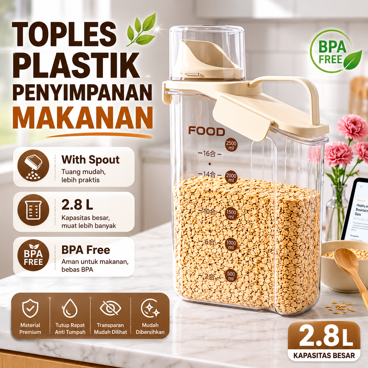 FOOD Toples Plastik Penyimpanan Makanan Storage Jar with Spout 2.8L - 710 Gambar produk FOOD Toples Plastik Penyimpanan Makanan Storage Jar with Spout 2.8L - 710 - Utama
