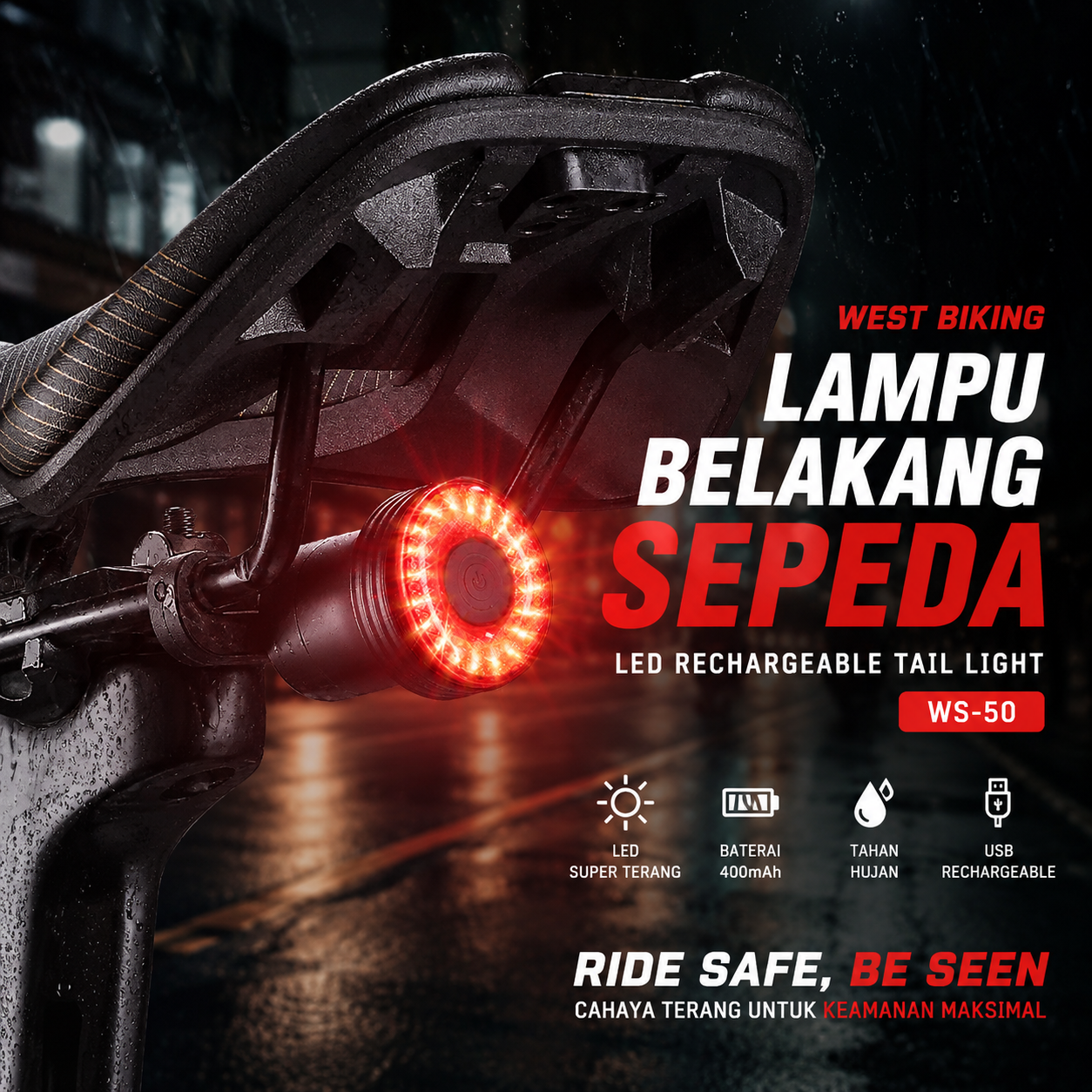 WEST BIKING Lampu Belakang Sepeda LED Rechargeable Tail Light 400mAh - WS-50 Gambar produk WEST BIKING Lampu Belakang Sepeda LED Rechargeable Tail Light 400mAh - WS-50 - Utama