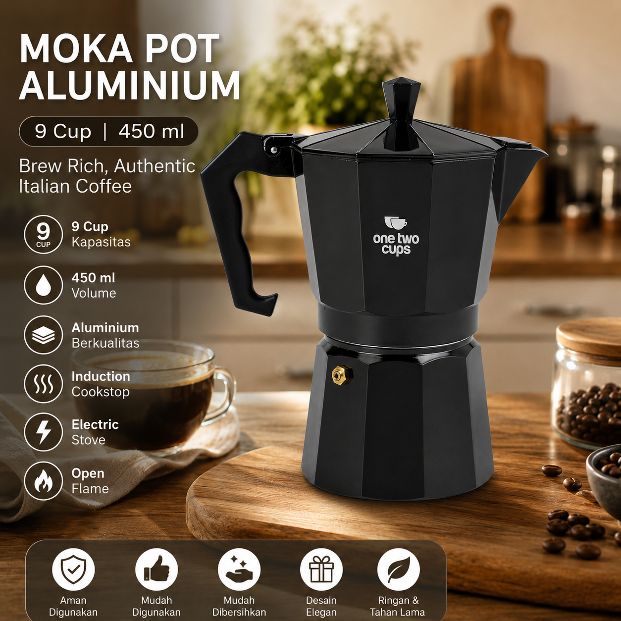One Two Cups Moka Pot Teko Kopi Espresso Coffee Maker Stovetop 9 Cup 450ml - L25 Gambar produk One Two Cups Moka Pot Teko Kopi Espresso Coffee Maker Stovetop 9 Cup 450ml - L25 - Utama
