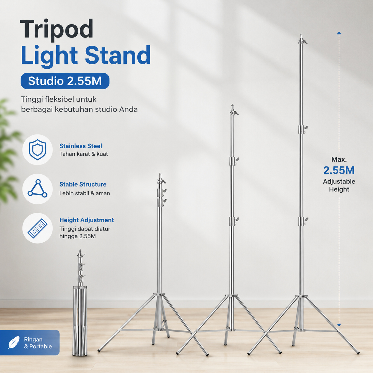 TaffSTUDIO Tripod Light Stand Studio Photography Adjustable 2.55M - 250F Gambar produk TaffSTUDIO Tripod Light Stand Studio Photography Adjustable 2.55M - 250F - Utama