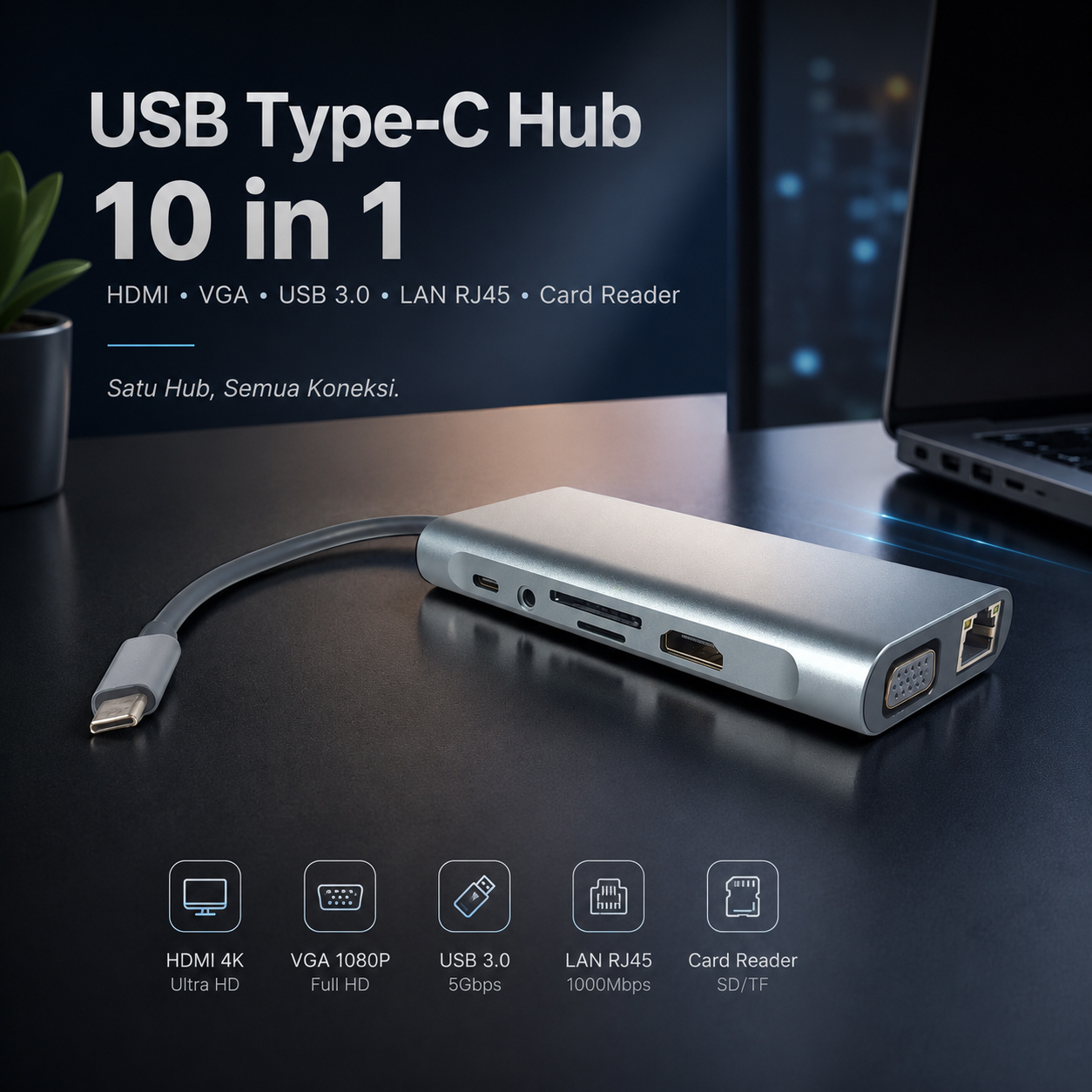 EASYIDEA USB Type C Hub 10 in 1 HDMI VGA USB 3.0 LAN RJ45 Card Reader - VD76 Gambar produk EASYIDEA USB Type C Hub 10 in 1 HDMI VGA USB 3.0 LAN RJ45 Card Reader - VD76 - Utama
