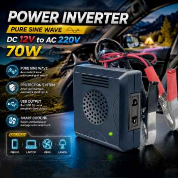 OTDTY Power Inverter Pure Sine Wave Car DC 12V to AC 220V 70W USB - WS-107