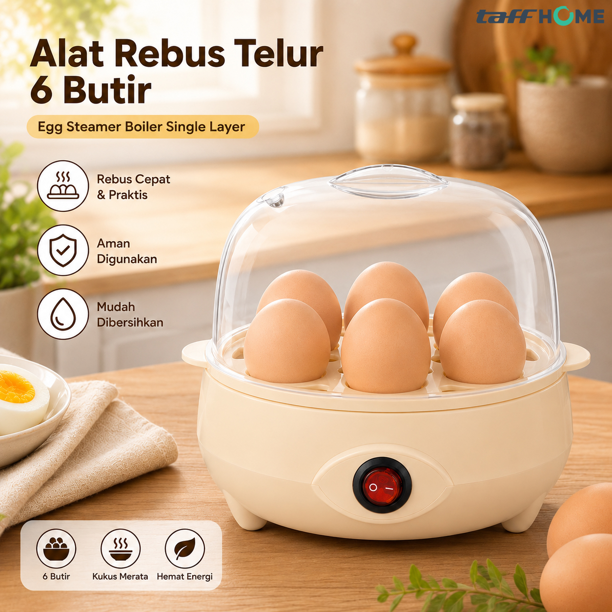 TaffHOME Alat Rebus Telur 6 Butir Egg Steamer Boiler Single Layer - HFR-02 Gambar produk TaffHOME Alat Rebus Telur 6 Butir Egg Steamer Boiler Single Layer - HFR-02 - Utama