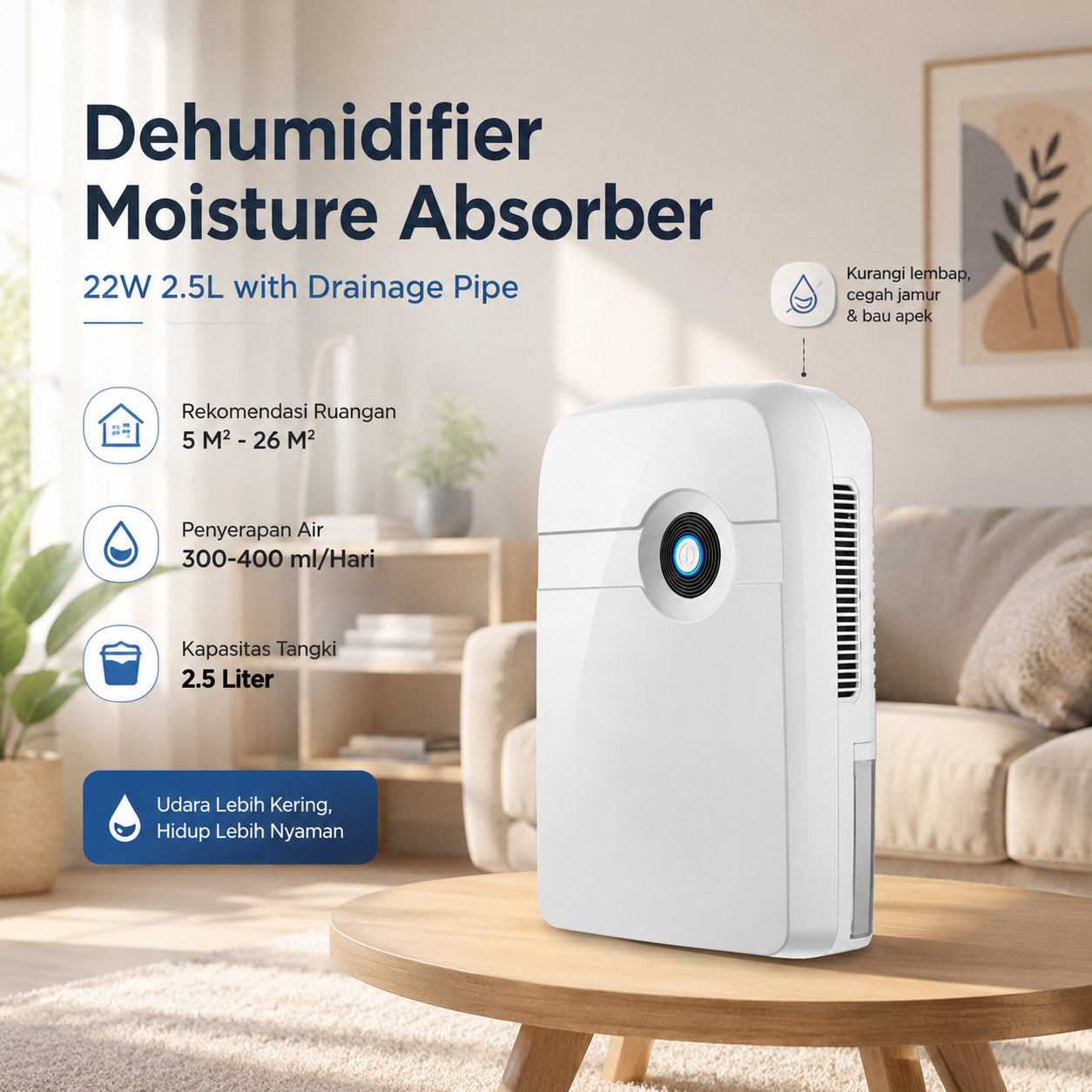 OLOEY Dehumidifier Moisture Absorber 22W 2.5L with Drainage Pipe - CJ-2020-25 Gambar produk OLOEY Dehumidifier Moisture Absorber 22W 2.5L with Drainage Pipe - CJ-2020-25 - Utama