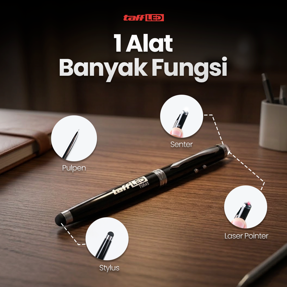 TaffLED Pulpen 4in1 Senter Laser Pointer Pen dan Stylus Tinta Hitam - T0054 Gambar produk TaffLED Pulpen 4in1 Senter Laser Pointer Pen dan Stylus Tinta Hitam - T0054 - 1