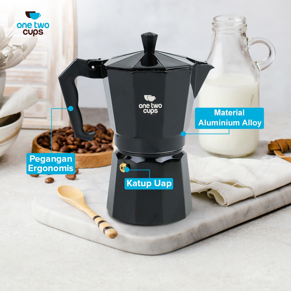 One Two Cups Moka Pot Teko Kopi Espresso Coffee Maker Stovetop 9 Cup 450ml - L25 Gambar produk One Two Cups Moka Pot Teko Kopi Espresso Coffee Maker Stovetop 9 Cup 450ml - L25 - 2