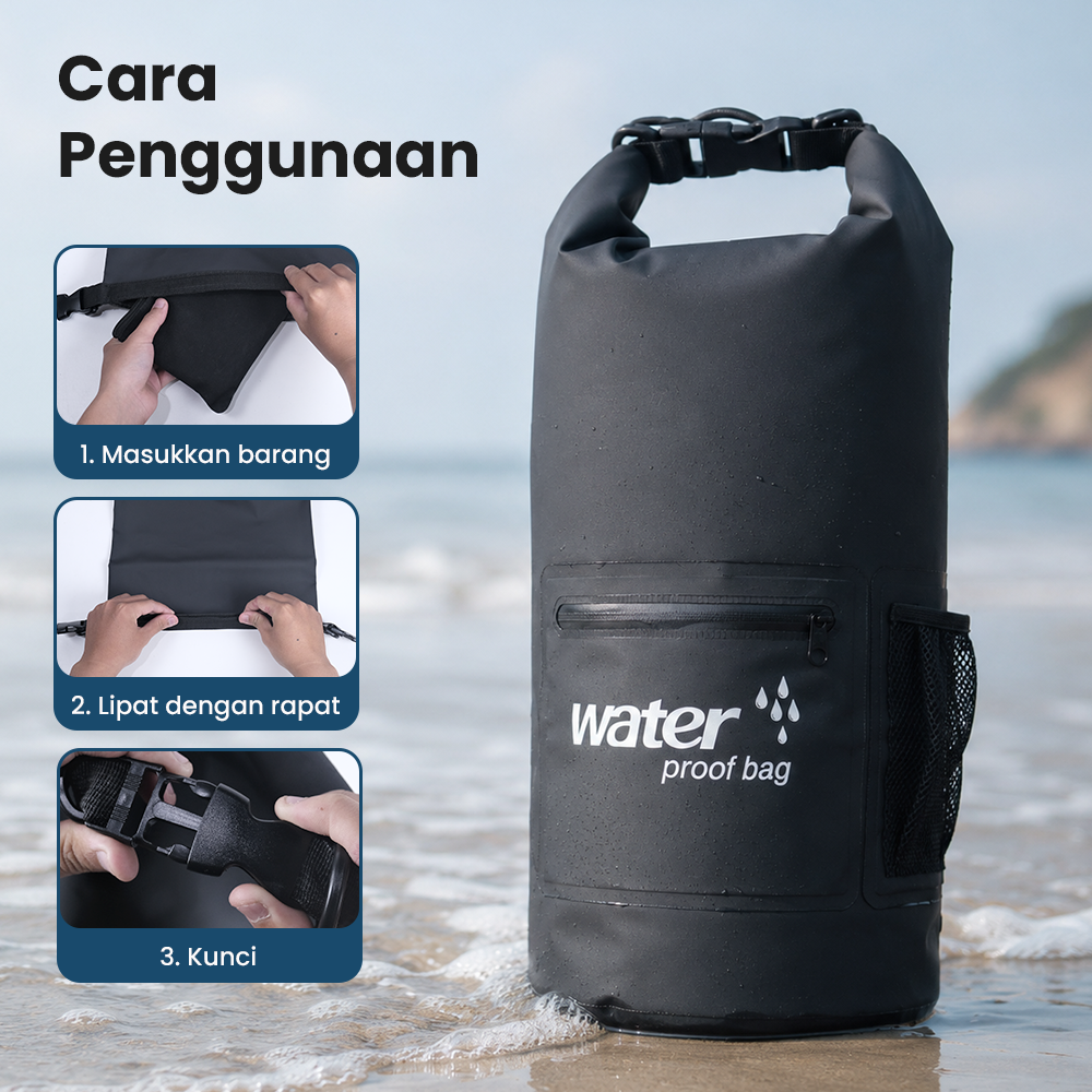 Dry Bag Waterproof Extra Pocket Backpack Strap Tas Tahan Air PVC 10L - OB-104 Gambar produk Dry Bag Waterproof Extra Pocket Backpack Strap Tas Tahan Air PVC 10L - OB-104 - 7